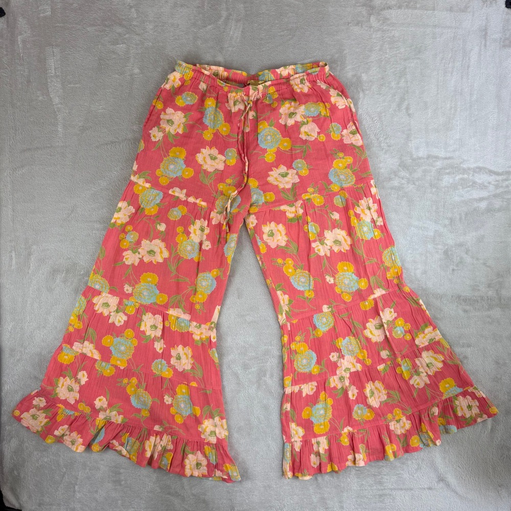 April Cornell Floral Wide Leg Pants Womens S Pink Tiered Ruffle Boho Cottage